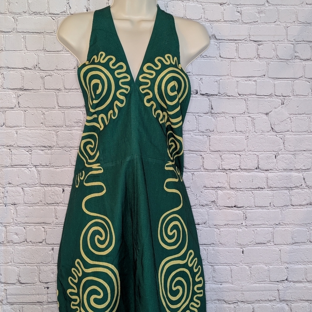 Commense Green and Yellow Backless Halter Dress